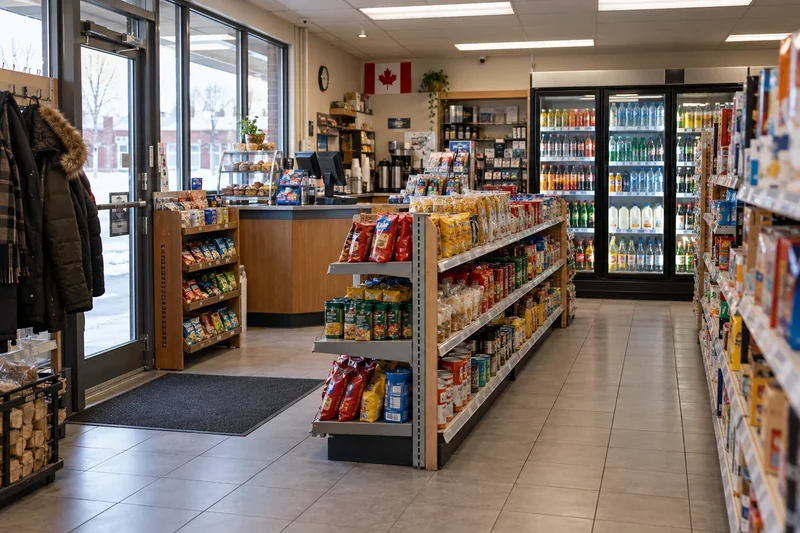 Convenience store entrance, checkout counter and aisles for commercial security planning